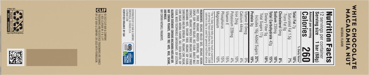slide 8 of 9, CLIF BAR - White Chocolate Macadamia Nut Flavor - Made with Organic Oats - 9g Protein - Non-GMO - Plant Based - Energy Bars - 2.4 oz. (12 Count), 28.8 oz