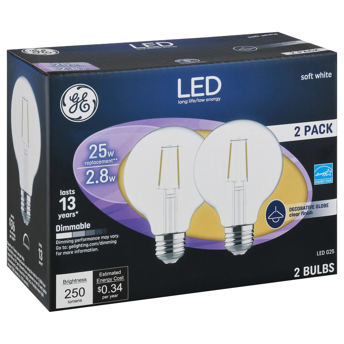 slide 2 of 9, GE 2.8 Watts Clear Finish Soft White Decorative Globe LED Light Bulbs 2 Pack 2 ea, 2 ct