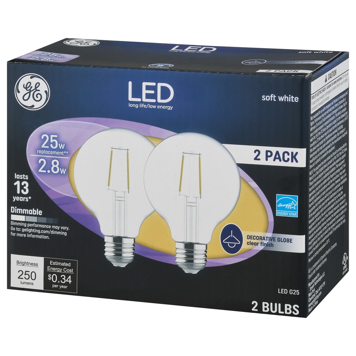 slide 3 of 9, GE 2.8 Watts Clear Finish Soft White Decorative Globe LED Light Bulbs 2 Pack 2 ea, 2 ct