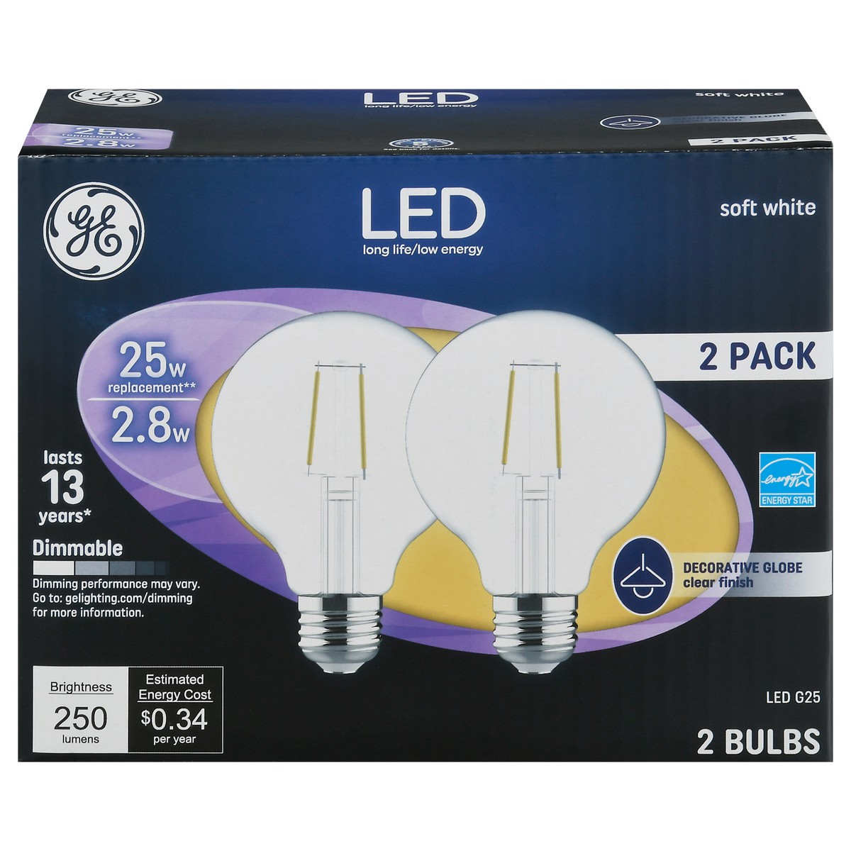 slide 1 of 9, GE 2.8 Watts Clear Finish Soft White Decorative Globe LED Light Bulbs 2 Pack 2 ea, 2 ct