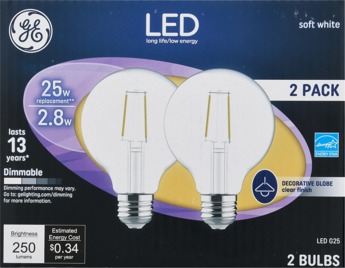 slide 6 of 9, GE 2.8 Watts Clear Finish Soft White Decorative Globe LED Light Bulbs 2 Pack 2 ea, 2 ct