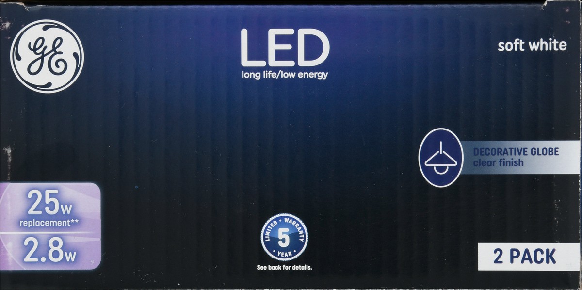 slide 9 of 9, GE 2.8 Watts Clear Finish Soft White Decorative Globe LED Light Bulbs 2 Pack 2 ea, 2 ct