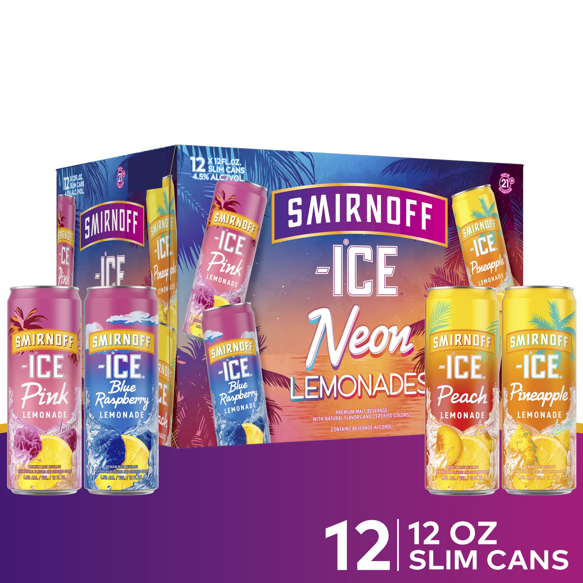 slide 1 of 9, Smirnoff Ice Neon Lemonade Variety Pack, 12 fl oz, 12 Pack Cans, 4.5% ABV, 12 fl oz