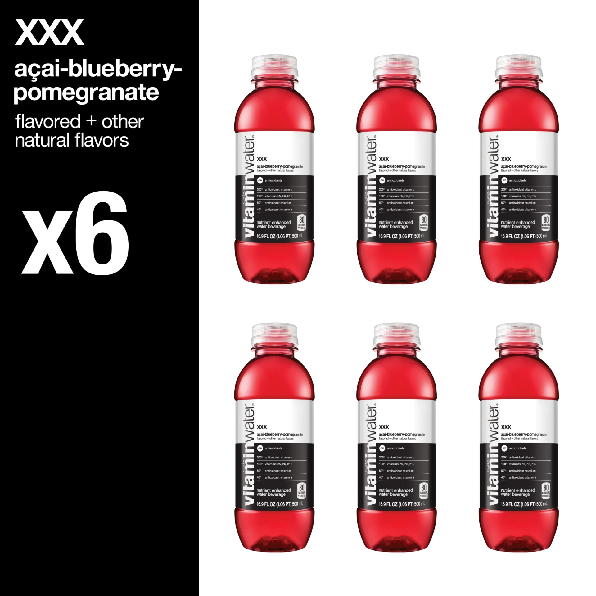 slide 9 of 11, vitaminwater xxx, electrolyte enhanced water w/ vitamins, açai-blueberry-pomegranate drinks, 6 ct; 16.9 fl oz