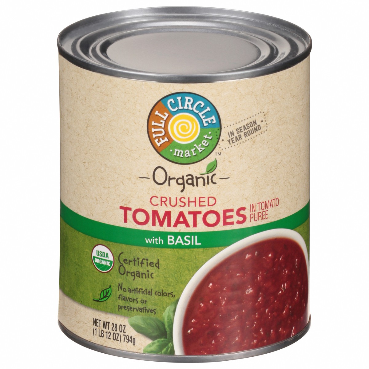 slide 1 of 9, Full Circle Market Organic Crushed with Basil Tomatoes in Tomato Puree 28 oz, 28 oz