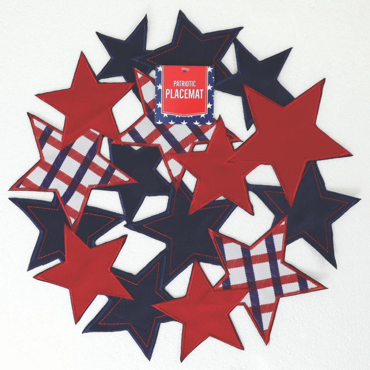slide 1 of 6, Meijer Corporate Seasonal Americana Stars & Stripes Forever Round Cutwork Placemat, Red White Blue, 15 in, 15 in