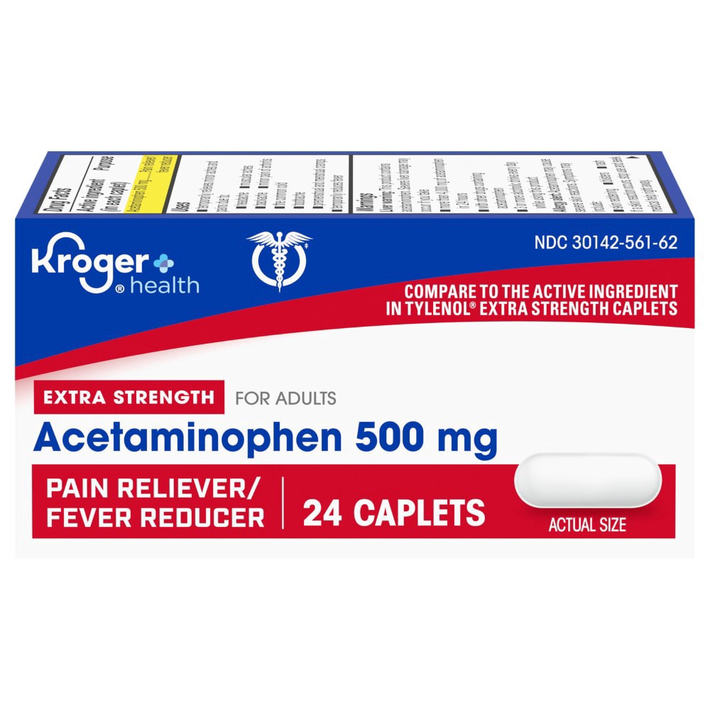 slide 1 of 1, Kroger® Pain Reliever and Fever Reducer Extra Strength Acetaminophen Caplets, 24 ct