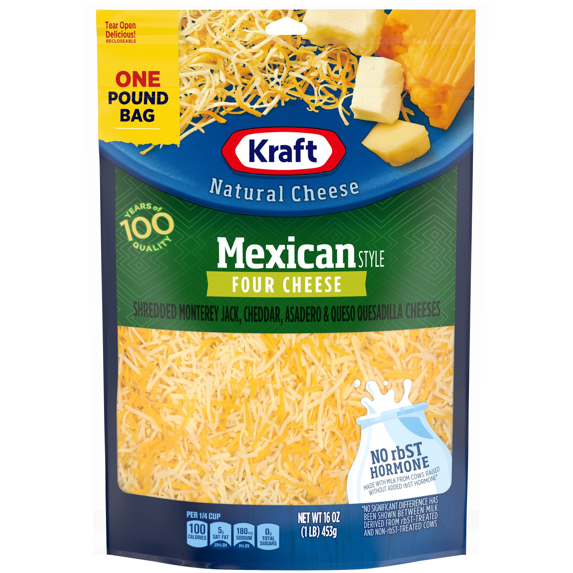 slide 1 of 8, Kraft Mexican Style Four Cheese Blend Shredded Cheese, 16 oz Bag, 16 oz