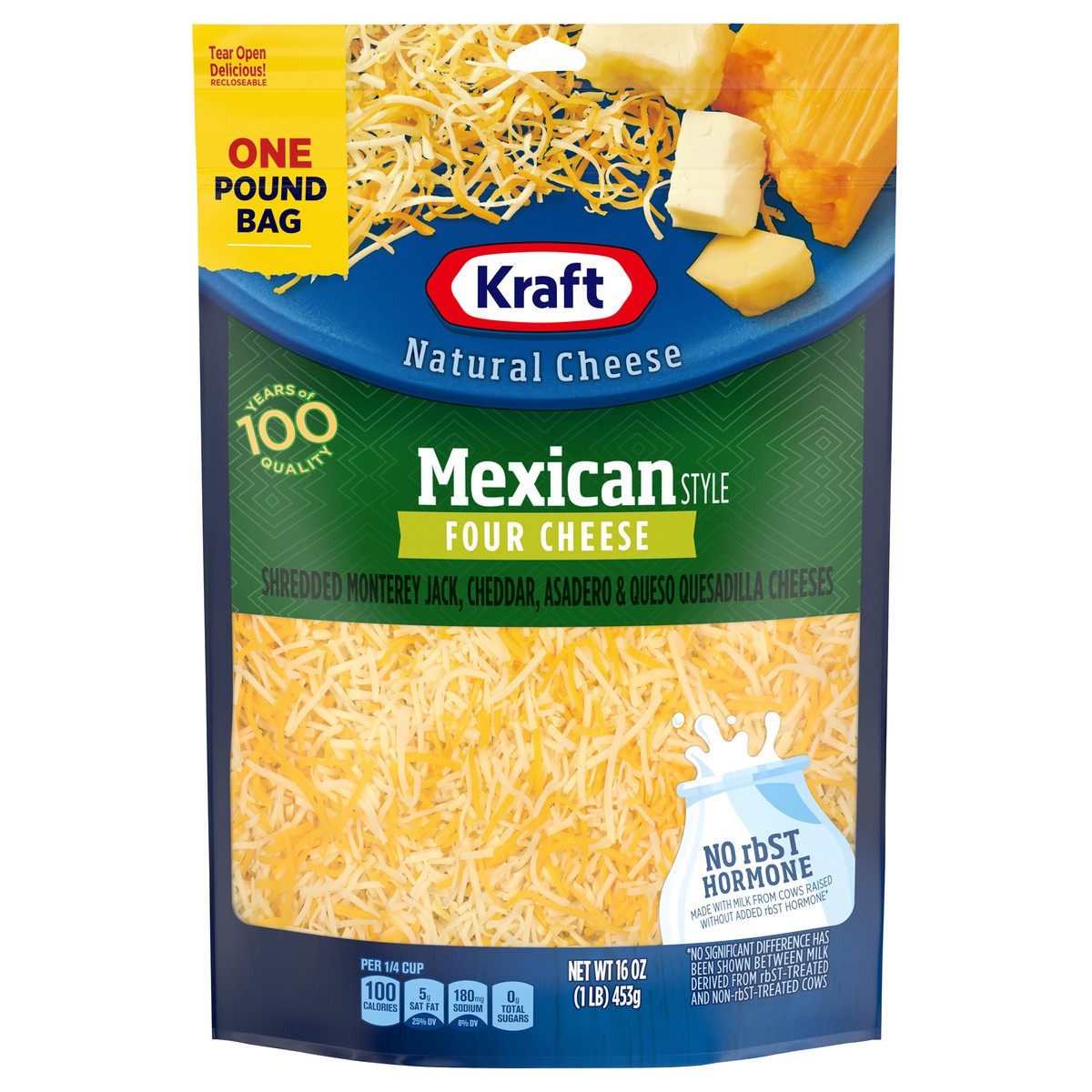 slide 1 of 8, Kraft Mexican Style Four Cheese Blend Shredded Cheese, 16 oz Bag, 16 oz