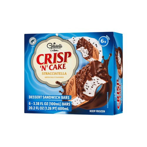 slide 1 of 1, Gelatelli frozen crisp 'n' cake Stracciatella dessert sandwich bars, 20.3 fl oz