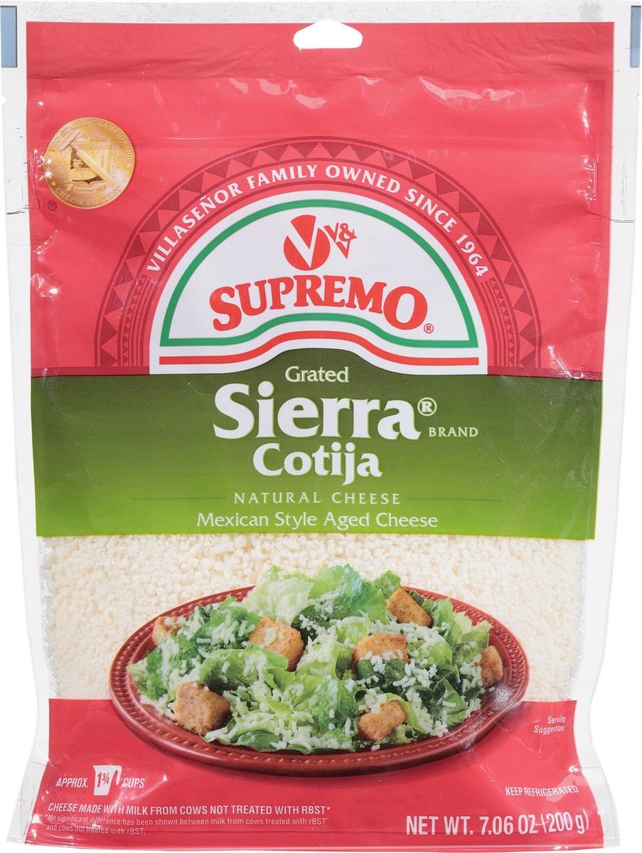 slide 2 of 14, Supremo Natural Sierra Brand Cotija Grated Cheese 7.06 oz, 1 ct
