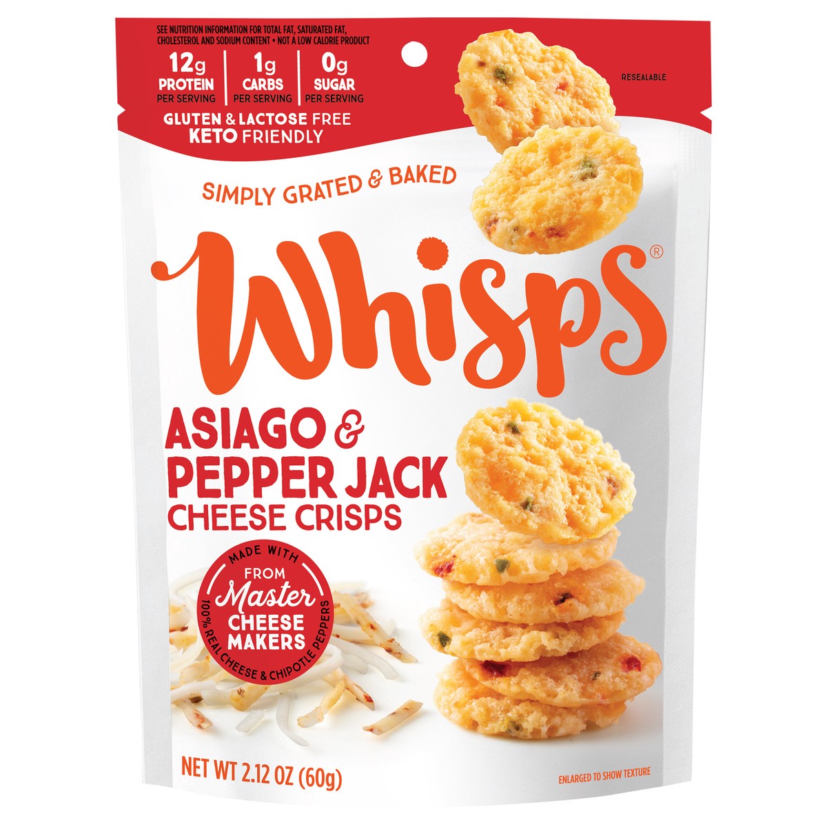 slide 1 of 3, Whisps Asiago & Pepper Jack Cheese Crisps, 100% Real Cheese Baked Snack, 2.12 oz, 2.12 oz