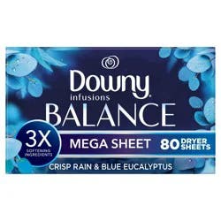 Downy Infusions Mega Dryer Sheets, Laundry Fabric Softener, BALANCE, Crisp Rain and Blue Eucalyptus, 80 Count