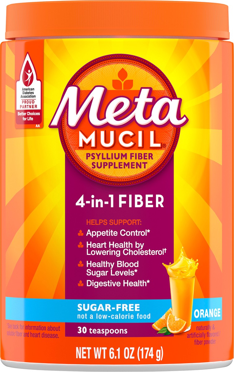 slide 2 of 2, Metamucil, Daily Psyllium Husk Powder Supplement, Sugar-Free Powder, 4-in-1 Fiber for Digestive Health, Orange Flavored Drink, 30 teaspoons, 30 oz