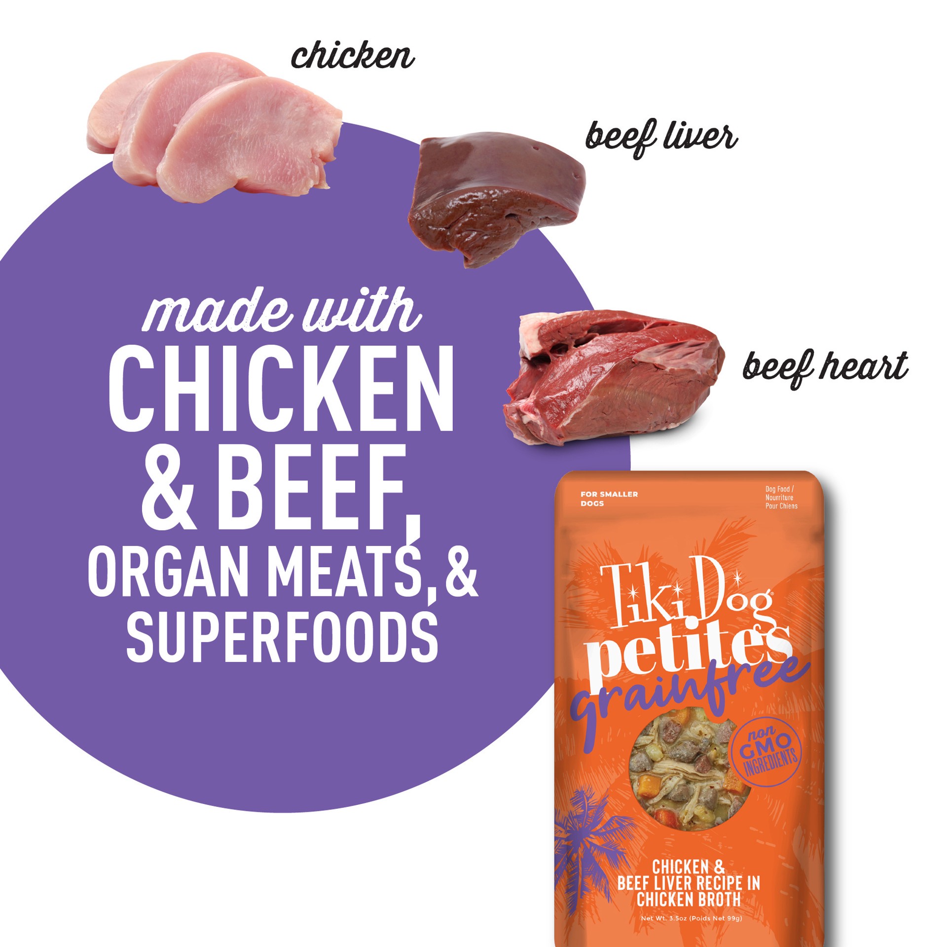 slide 2 of 7, Tiki Dog Petites Grain Free Wet Dog Food, Chicken & Beef, 3.5 oz. Pouch (12 Count), 3.5 oz