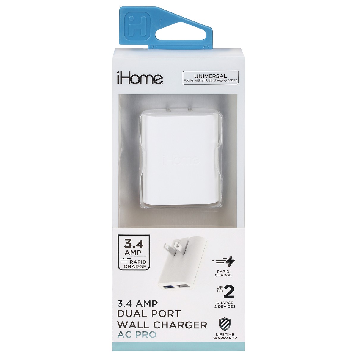 slide 1 of 9, iHome 3.4 Amp AC Pro Dual Port Wall Charger 1 ea, 1 ct