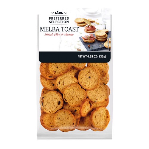 slide 1 of 1, Lidl Preferred Selection melba toast, black olive & tomato, 4.58 oz