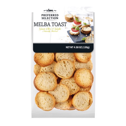 slide 1 of 1, Lidl Preferred Selection melba toast, green olive & garlic, 4.58 oz