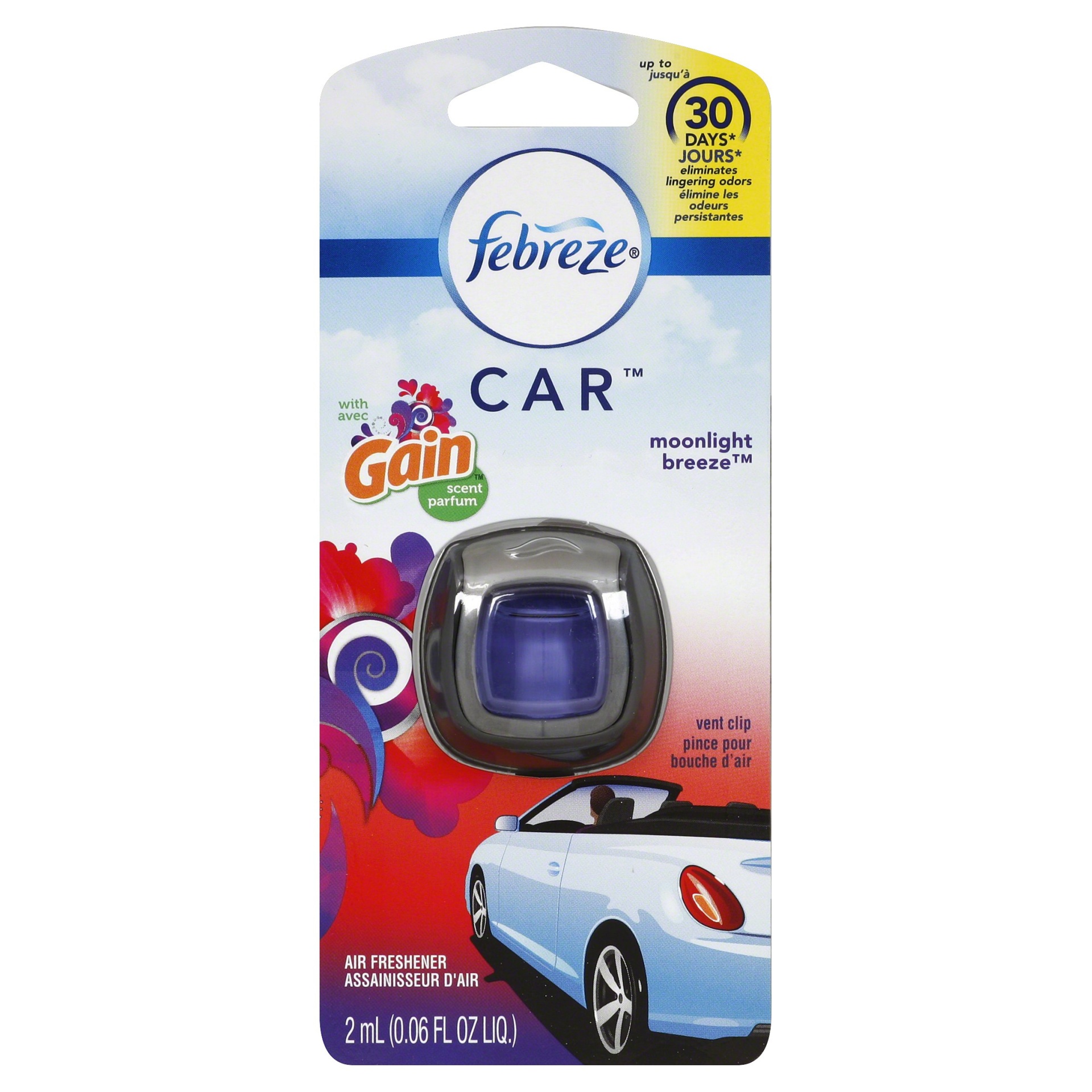 slide 1 of 2, Febreze Car Moonlight Breeze With Gain Scent Vent Clip Air Freshener, 0.06 oz