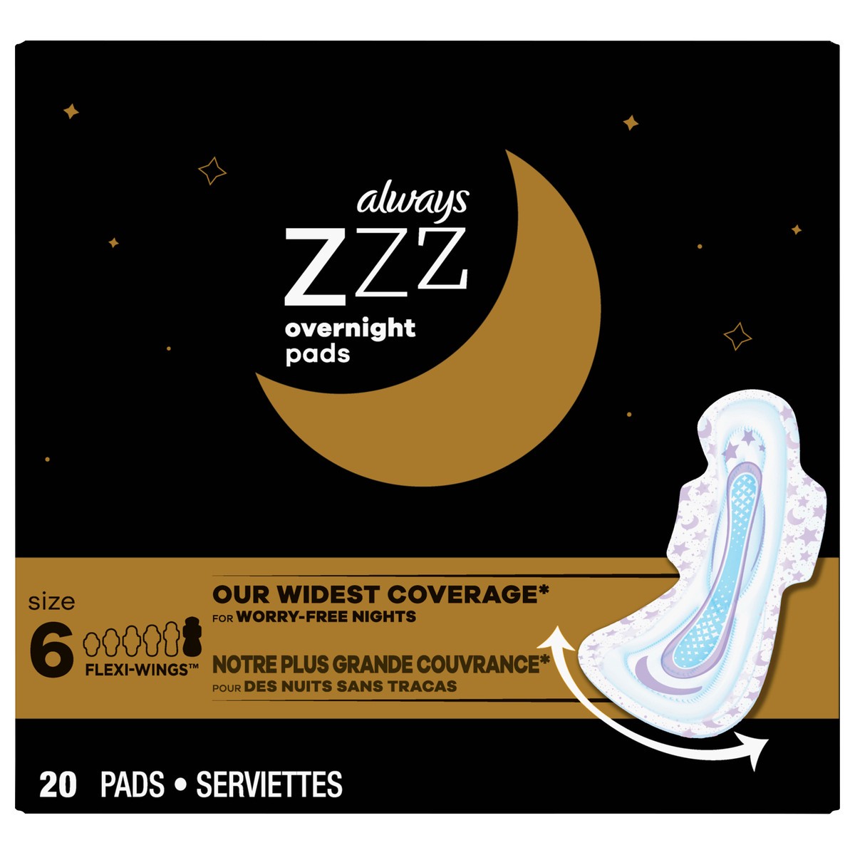 slide 1 of 1, Always ZZZ Overnight Pads with Wings - Size, 6 x 20 ct