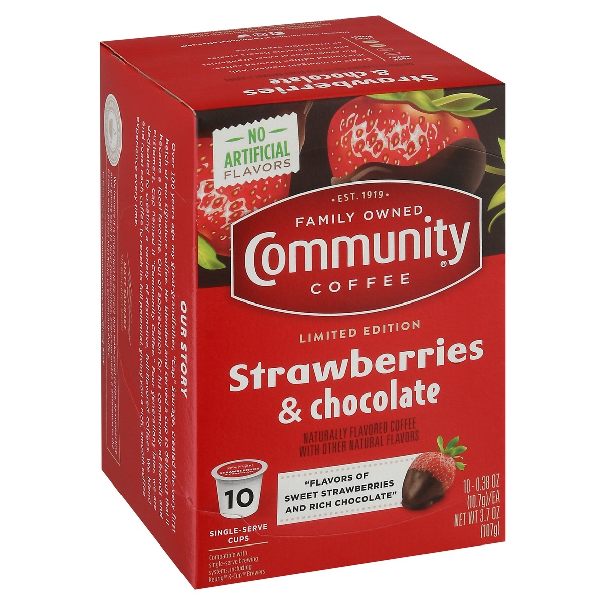 slide 1 of 1, Community Coffee Strawberries & Chocolate Coffee Single-Serve Cups 10-0.38 oz Cup/Tub/Bowl, 10 ct