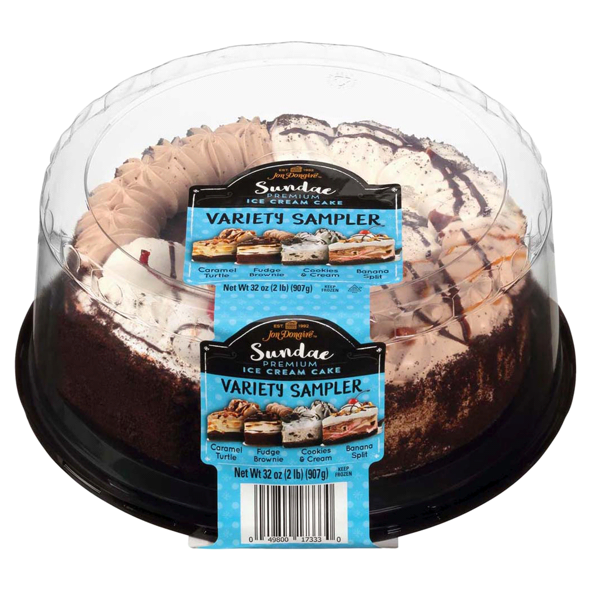 slide 1 of 1, Jon Donaire Sundae Caramel Turtle, Fudge Brownie, Cookies & Cream and Banana Split Premium Ice Cream Cake Variety Sampler 32 oz. Clamshell, 32 oz