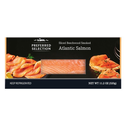 slide 1 of 1, Lidl Preferred Selection sliced beechwood smoked Atlantic salmon, 11.2 oz