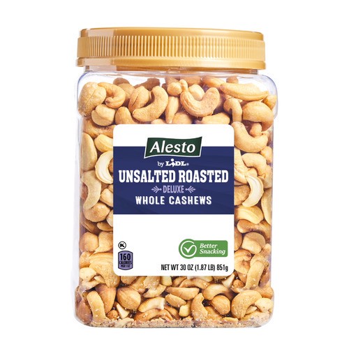 slide 1 of 1, Alesto unsalted roasted deluxe whole cashews, 30 oz