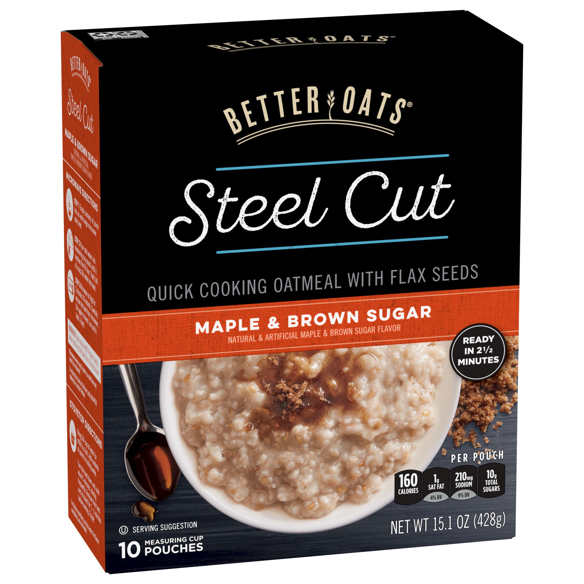 slide 4 of 5, Better Oats Steel Cut Quick Cooking Maple & Brown Sugar Oatmeal With Flax Seeds 10 ea, 10 ct