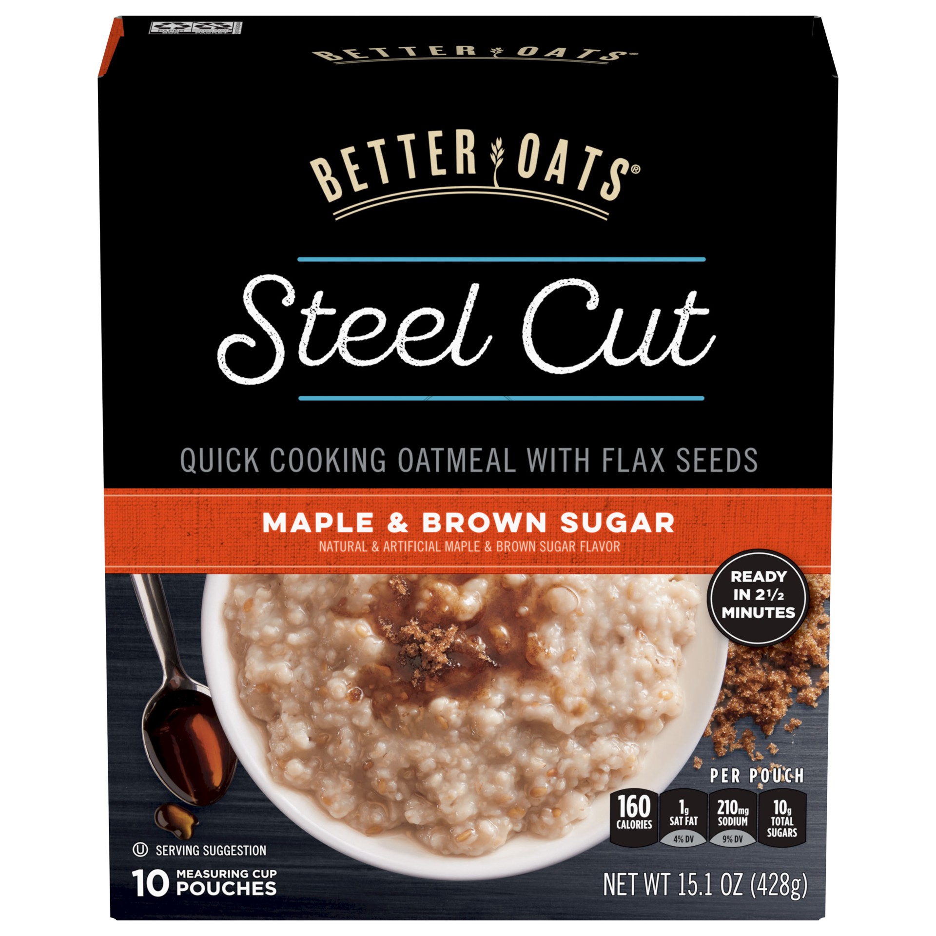 slide 3 of 5, Better Oats Steel Cut Quick Cooking Maple & Brown Sugar Oatmeal With Flax Seeds 10 ea, 10 ct
