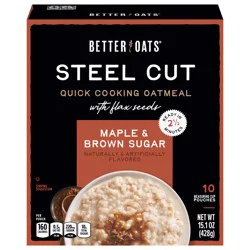 Better Oats Maple and Brown Sugar Steel Cut Oatmeal with Flax Seeds, 10 Instant Oatmeal Pouches, 15.1 OZ Pack
