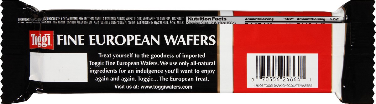 slide 3 of 7, Toggi Fine European Dark Chocolate Wafers 1.9 oz. Wrapper, 1.9 oz