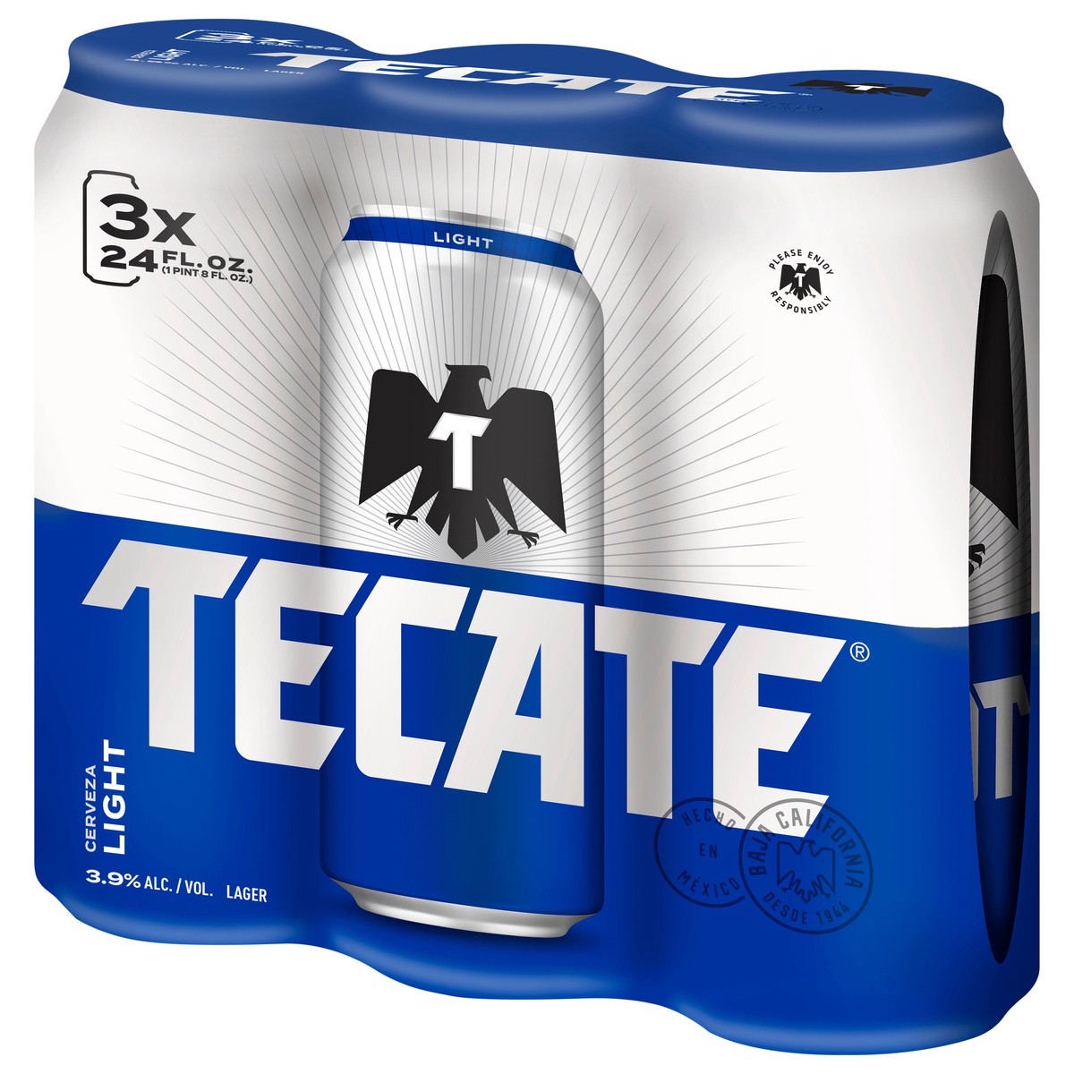 slide 4 of 4, Tecate Light Mexican Lager Beer, 3 Pack, 24 fl oz Cans, 24 oz