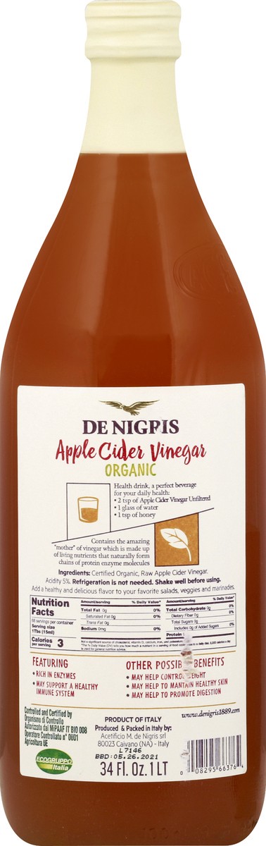 slide 8 of 8, De Nigris Organic Raw Unfiltered Apple Cider Vinegar With Mother, 34 fl oz