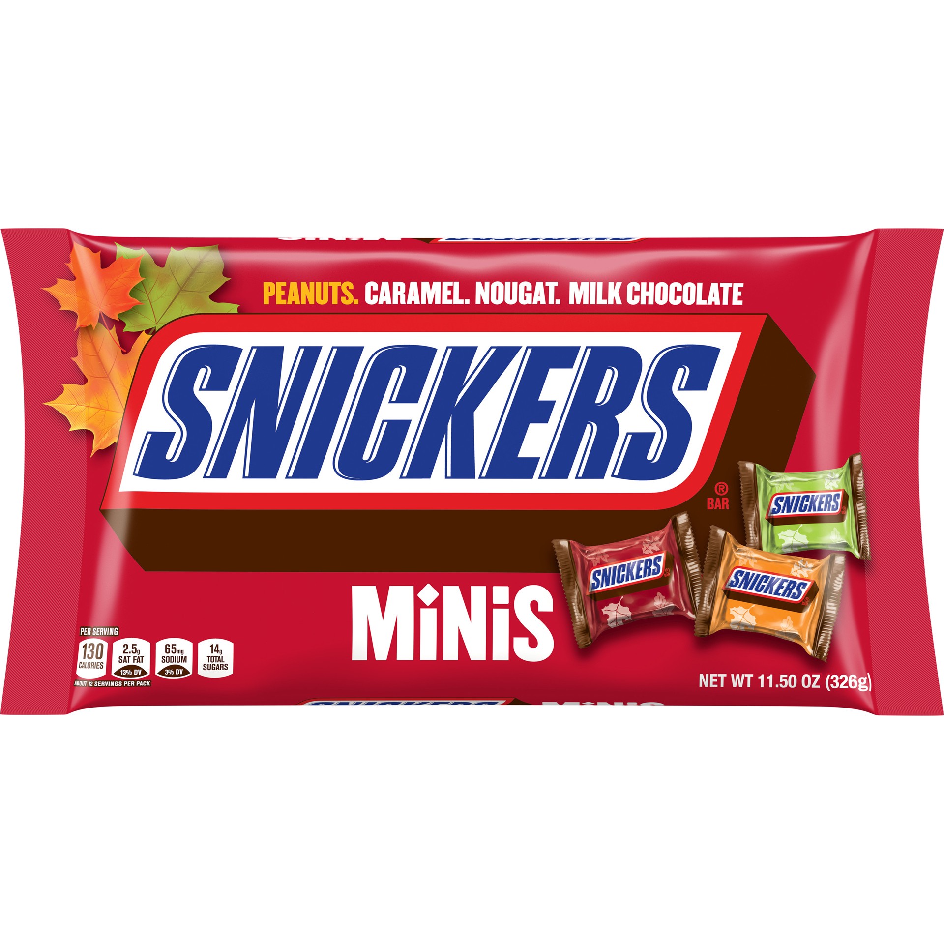 slide 1 of 8, SNICKERS Fall Favorites Halloween Candy Minis Size Chocolate Bars, 11.5-Ounce Bag, 11 oz