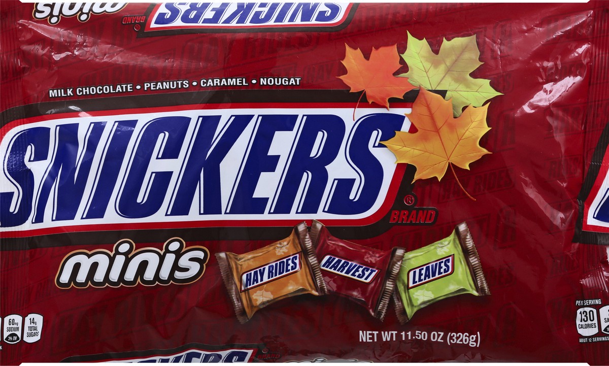 slide 2 of 8, SNICKERS Fall Favorites Halloween Candy Minis Size Chocolate Bars, 11.5-Ounce Bag, 11 oz