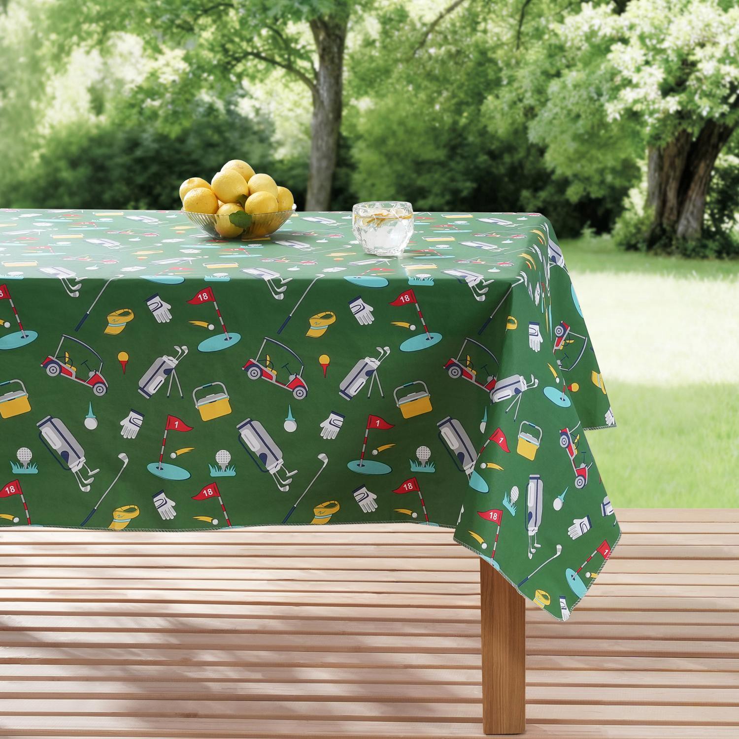 slide 1 of 4, Meijer Corporate Seasonal Summer Peva Tablecloth, Golf, 60 in x 84 in, 60 x 84