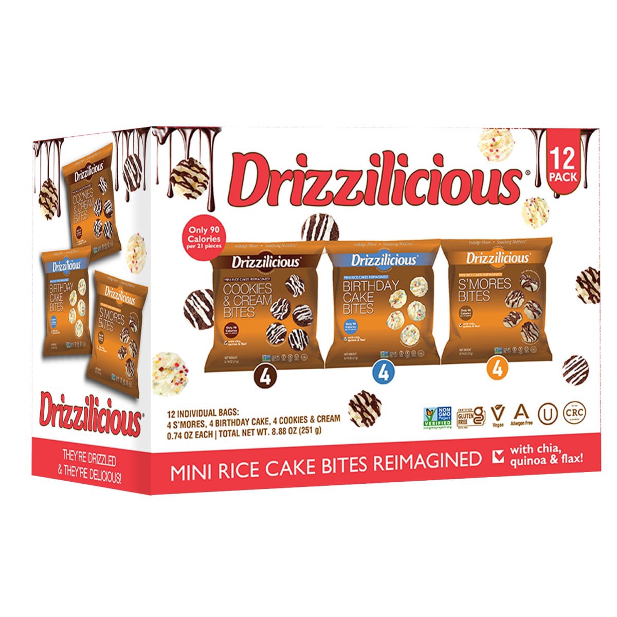 slide 1 of 9, Drizzilicious Variety Pack 12 count .74oz snack bags, 12 ct; 0.74 oz