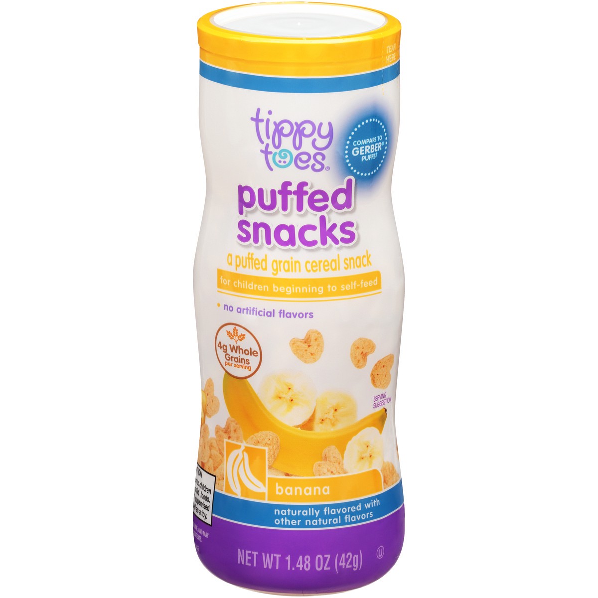 slide 1 of 12, Tippy Toes Banana Puffed Grain Cereal Snacks, 1.48 oz