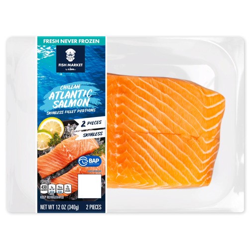 slide 1 of 1, Fish Market fresh Atlantic skinless salmon portions, 12 oz