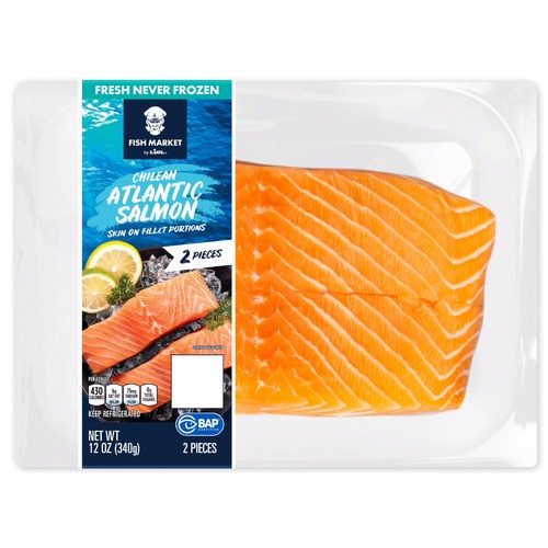 slide 1 of 1, Fish Market Chilean Atlantic salmon skin on portions, 12 oz