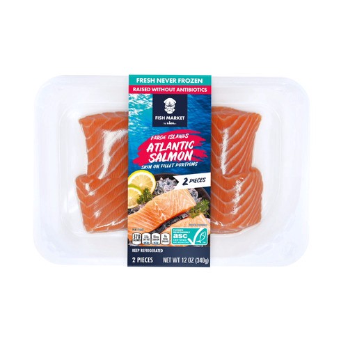 slide 1 of 1, Fish Market Faroe Island Atlantic salmon skin on portions, 12 oz