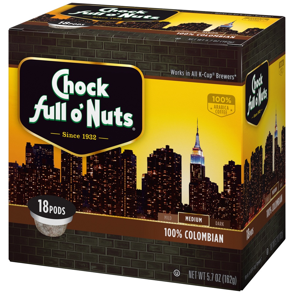 slide 3 of 7, Chock Full O' Nuts 100% Colombian Medium Roast Coffee - Single Serve Pods, 18 ct