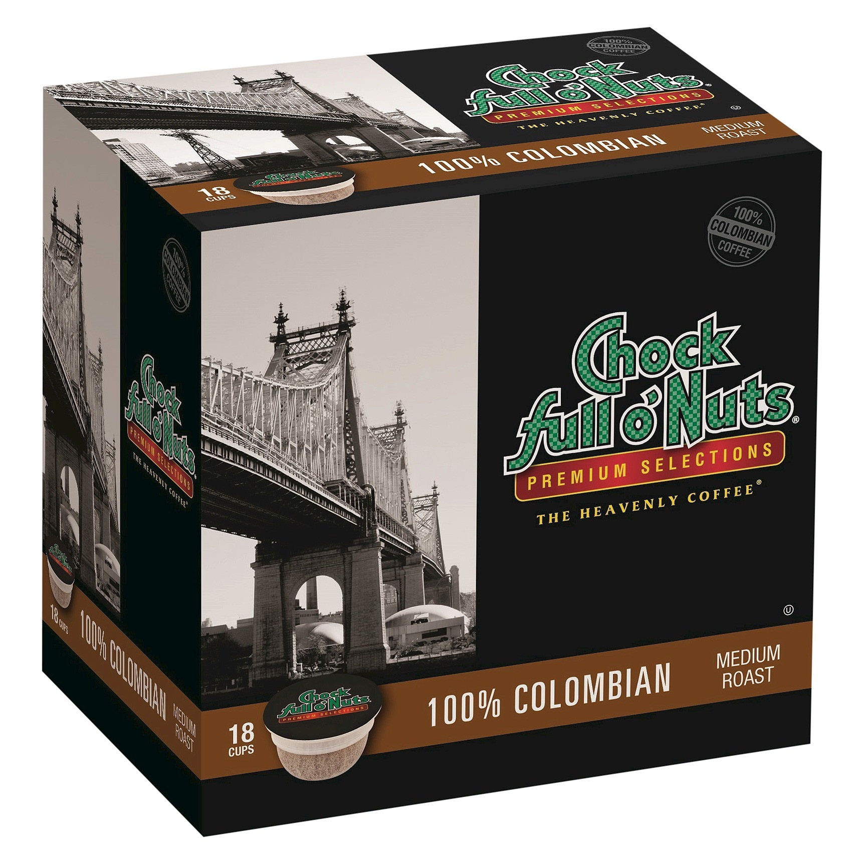 slide 1 of 7, Chock Full O' Nuts 100% Colombian Medium Roast Coffee - Single Serve Pods, 18 ct