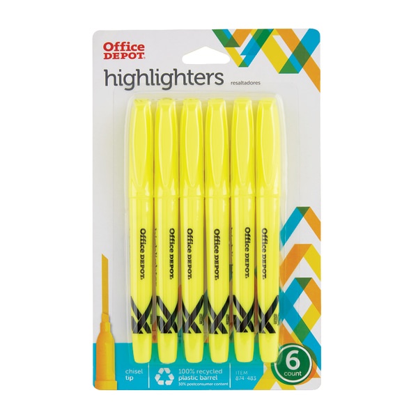 slide 1 of 2, Office Depot Brand 100% Recycled Pen-Style Highlighters, Yellow, Pack Of 6, 6 ct