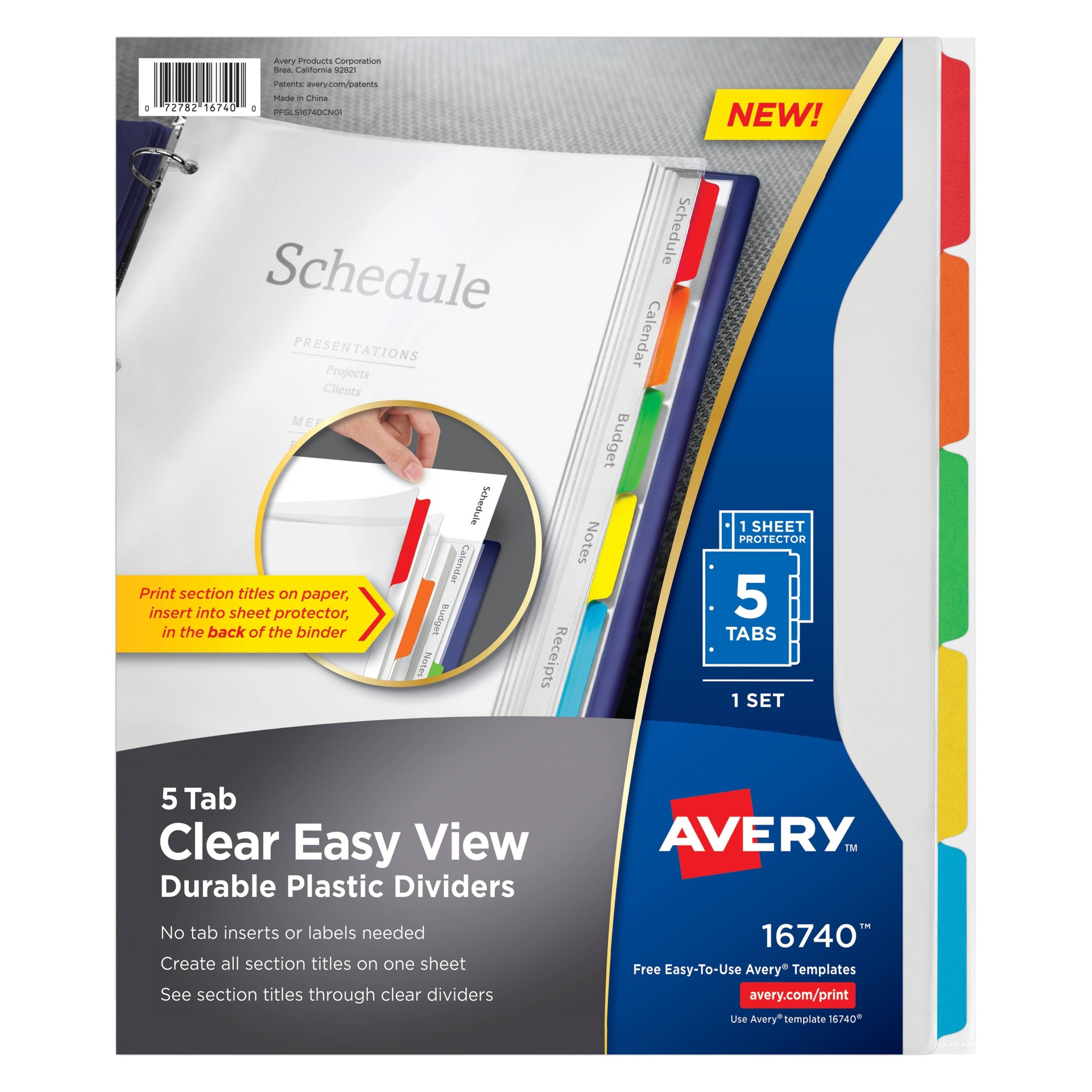 slide 1 of 6, Avery Clear Easy View Durable Plastic Tab Divider Set, 5 ct