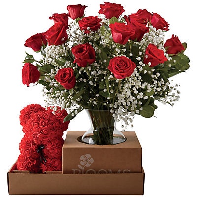 slide 1 of 1, Bloom's Luxury Dozen Roses with Rose Teddy Bear & Vase, 1 ct