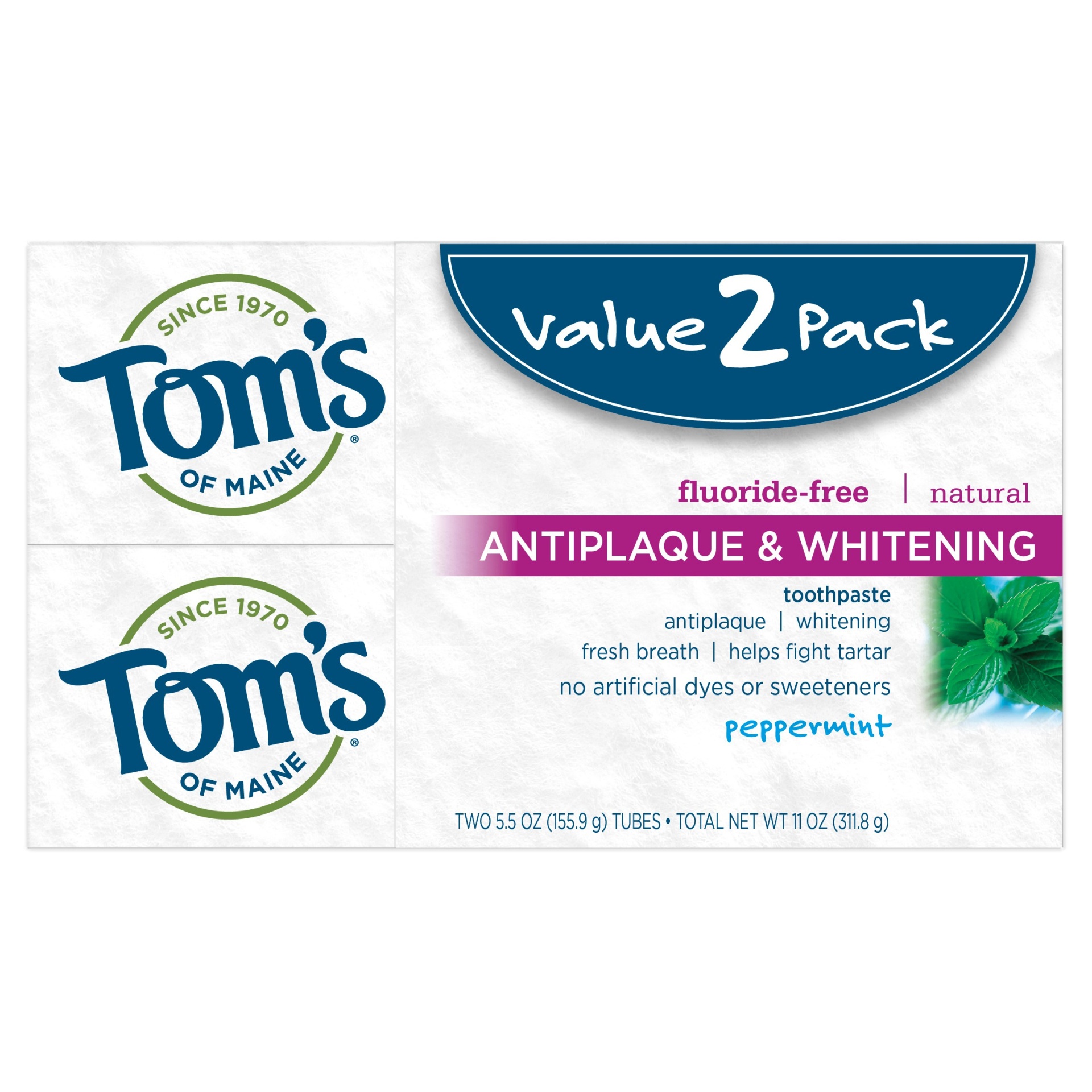 slide 1 of 8, Tom's of Maine Antiplaque and Whitening Peppermint Natural Toothpaste, 2 ct; 5.5 oz