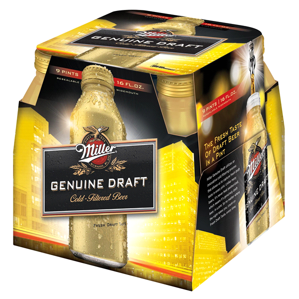 slide 1 of 1, Miller Genuine Draft Lager Beer Aluminum Pint Bottles, 4.6% ABV, 9 pk; 16 oz; 144 oz