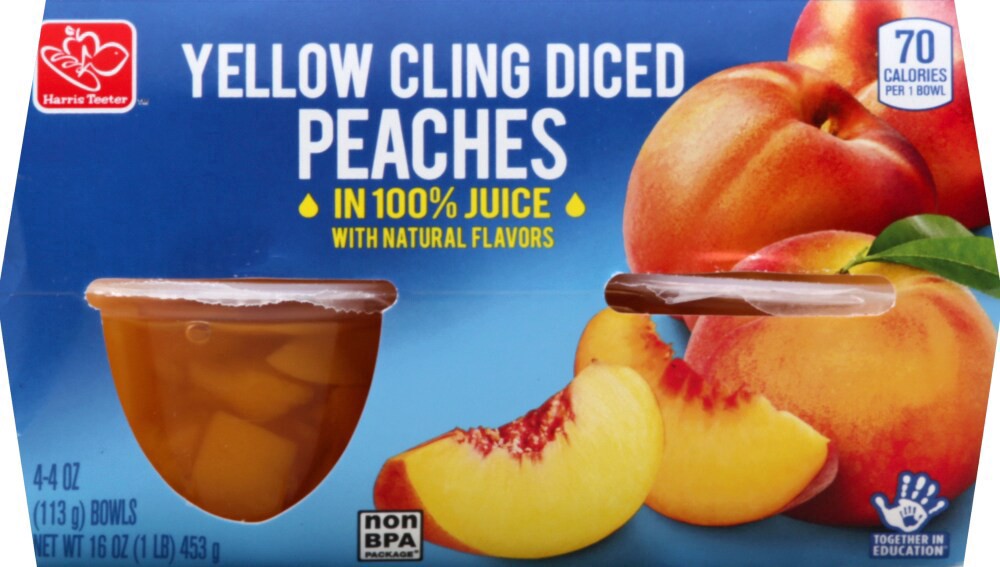 slide 2 of 2, Harris Teeter™ Yellow Cling Diced Peaches 100% Juice Fruit Bowls, 4 ct; 4 oz